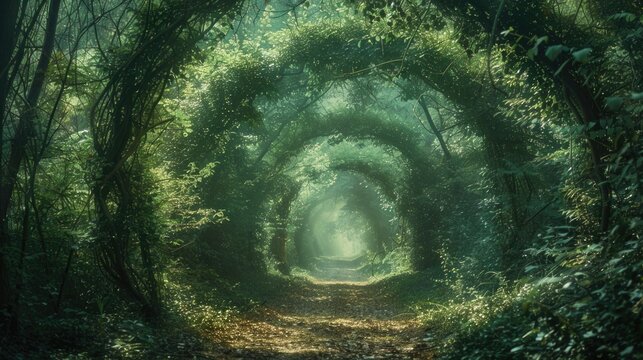 Whimsical archway shaped by tree branches in a lush forest, inviting exploration and discovery with soft, filtered light.