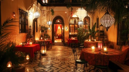 Enchanting Moroccan Courtyard Illuminated by Warm Candlelight