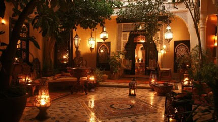 Enchanting Moroccan Courtyard at Night Illuminated by Lanterns