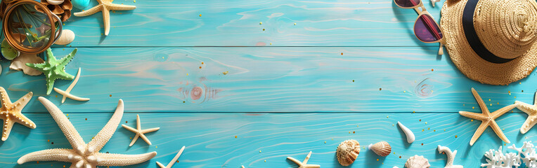 A hat and a star fishes on wooden surface blue color in background