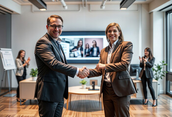 Obraz premium Business Colleagues Shaking Hands After a Successful Presentation