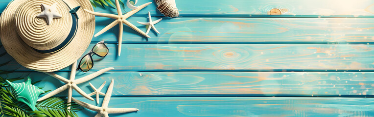 Tropical beach scene with summer glasses and seashells on blue background
