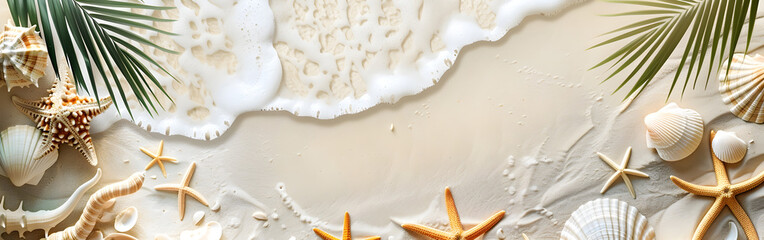 Various starfish and shells scattered on sandy beach in the background