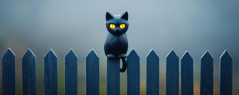 Carved wooden black cat with glowing yellow eyes, perched on a fence, Wooden black cat, superstitious Halloween night