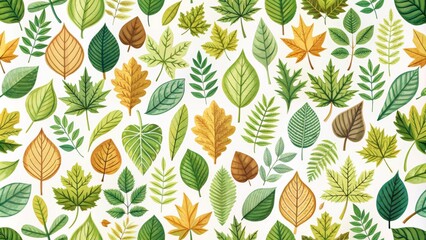 Seamless pattern featuring various types of leaves, nature, foliage, botanical, seamless, pattern, green, organic, forest