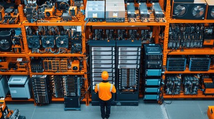 An overhead view of a cryptocurrency mining farm with rows of specialized mining rigs arranged in a warehouse environment. The image captures the dense array of equipment, cooling units, and