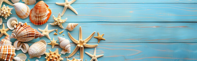 Various seashells and starfish arranged on a light blue wooden background,
