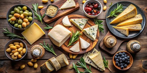 Table full of various cheeses and olives, cheese, variety, gourmet, appetizer, assortment, charcuterie, food, snack