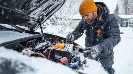 Image of a car owner opening the hood of a car in a driveway covered with snow, examining the car battery. The owner is dressed in winter attire, and the battery is labels and connections are