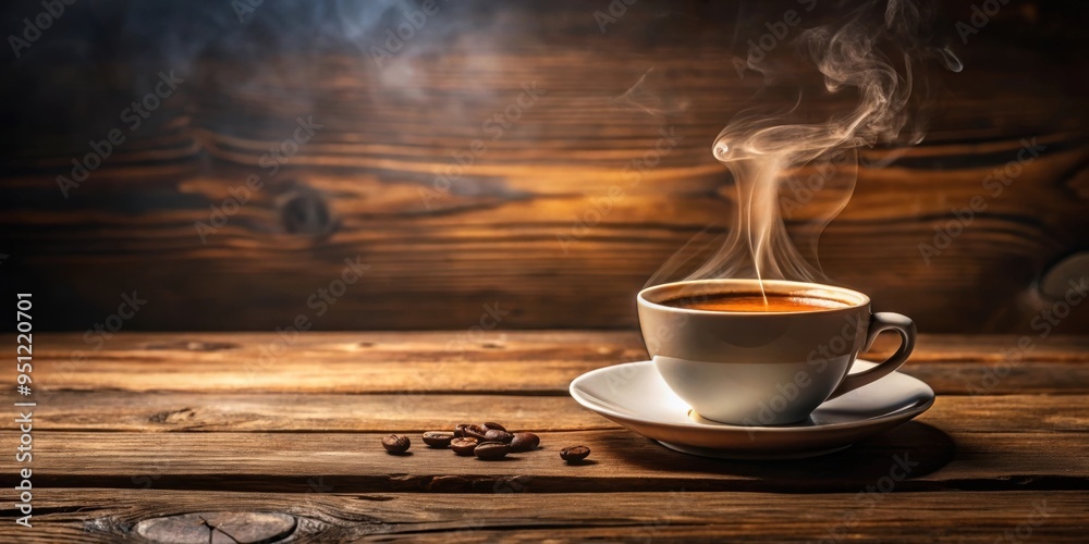 Poster Steaming cup of freshly brewed coffee on a wooden table, caffeine, beverage, morning, hot drink, mug, aroma, breakfast