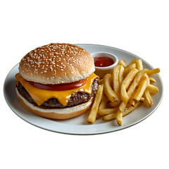 Burger and French fries isolated on transparent background,Combom Burger and friees, tasty burger with French fries, Burger on white plate, Set of burger,png, Ai generated