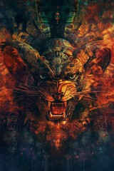Jaguar Aztec god in the Mayan underworld, shiva, cosmos, dark psychedelic, rituals, fire, dragon scales patterns, jaguar prints, visionary art, 