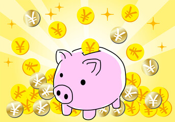 かわいい豚の貯金箱と集中線の黄色背景（￥）