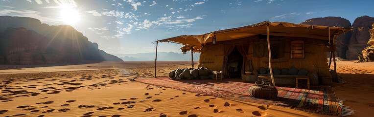 The old house in the desert with blue sky sunshine mountain in the background