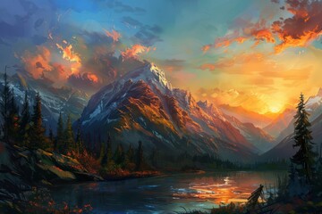 Majestic Sunset over Mountain Lake