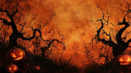 An orange and black grunge background featuring glowing pumpkins and eerie, twisted trees, perfect for Halloween 