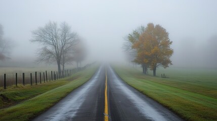 Fototapeta premium Soft focus captures the serene ambiance of a foggy morning road