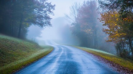 Obraz premium Soft focus captures the serene ambiance of a foggy morning road 