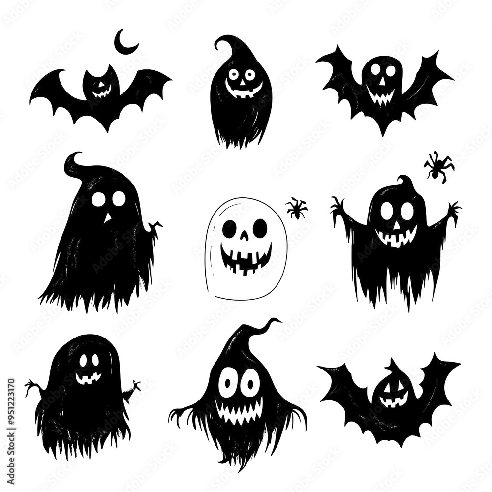 Sticker Halloween silhouettes icon and character. a Boo elements for Halloween decorations, Hand drawn vector illustration. on white background