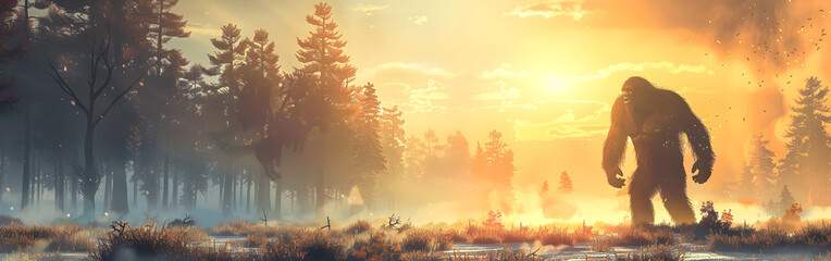 Golf field in the morning sunlight tall trees gorilla walk in the background