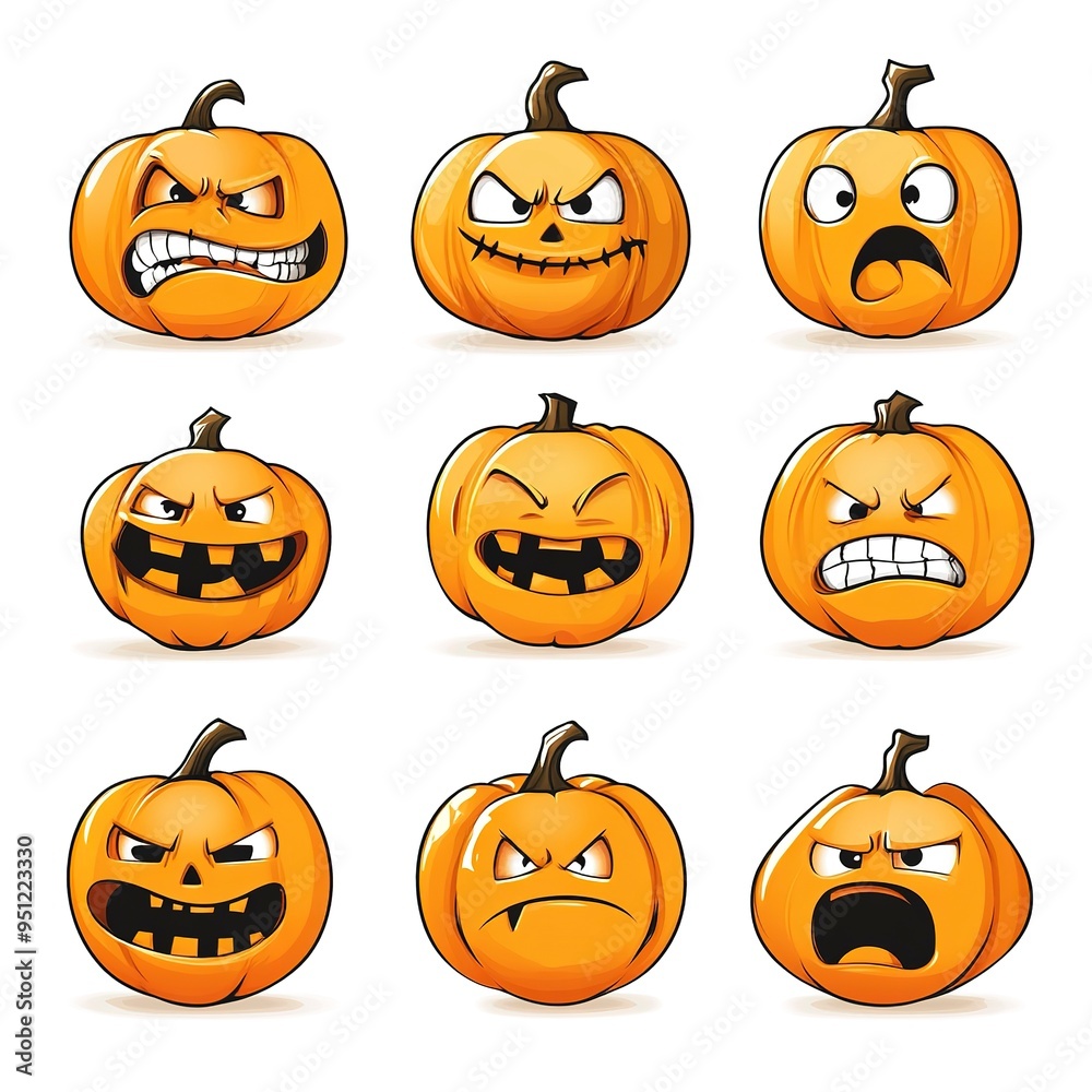 Poster Set of Halloween pumpkin faces with a range of emotions. 