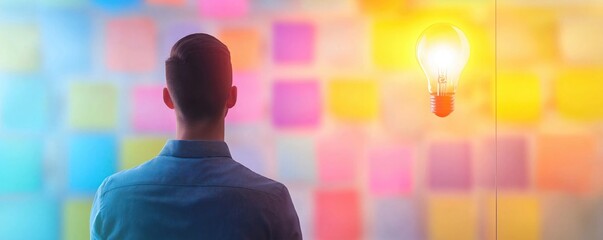 A startup founder brainstorming ideas on a glass wall, innovation hub backdrop