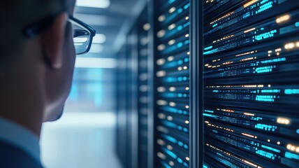 An IT manager overseeing a server room with focused attention