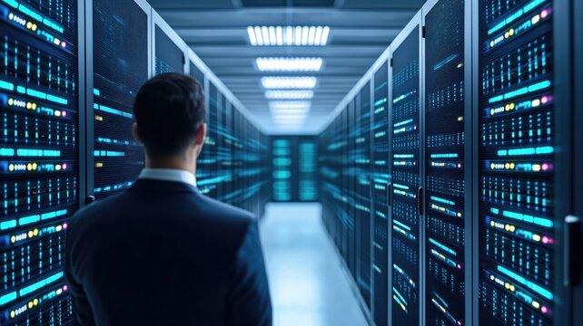 An IT manager overseeing a server room with focused attention
