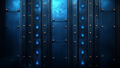 Fototapeta premium Dark Blue Metal Panel with Glowing Blue Inserts and Gold Studs