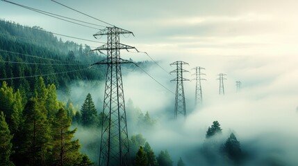 A detailed photograph capturing electricity pylons cutting through a foggy pine forest in the countryside, with the mist giving the scene a mysterious and serene atmosphere