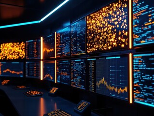 Modern financial data analysis room with multiple screens showing dynamic graphs and charts illuminated in dark environment.