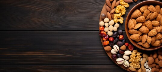 Naklejka premium A variety of nuts and dried fruits displayed on a wooden surface for healthy snacking options at home