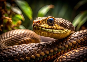 Fototapeta premium Dark Moody Isolated Venomous Snake Closeup Contrast Blending Reptile Textured Scale Shadowy Atmospheric Jungle Concept Single Subject Focus