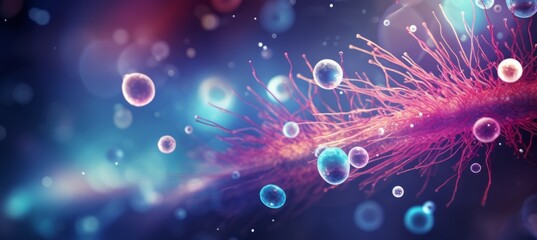 Colorful microscopic view of cells and bacteria on a vibrant background in a laboratory setting