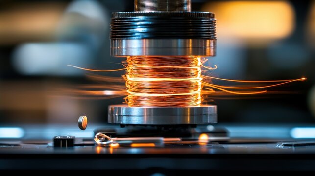 Close-up view of a basic electromagnet with visible copper wire coils and an iron core, with a small iron object being attracted to it, demonstrating magnetic force