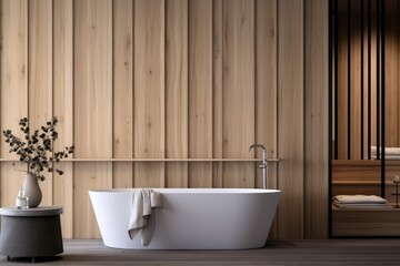 Modern bathroom interior featuring a freestanding tub and wooden accents in a tranquil setting with soft lighting