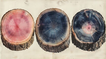 Fototapeta premium Decorative leaf prints and wood block prints. Monotone pink and blue botanical tree rings impression print