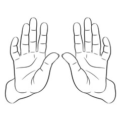 Two human hands with open palms. Front view. Stop or blessing gesture. Black and white linear silhouette. Cartoon style.