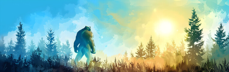 Colorful aurora lights illuminate the pine forest, creating  gorilla in the background