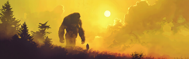 A large, silhouetted creature stands in a field during a magnificent sunset, in background