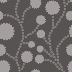 Abstract geometrical dotted flowers seamless pattern. Textured monochromatic grey dots weaving on dark grey background. Floral branches tiles allover ornamental print