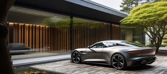 Fototapeta premium Sleek luxury sports car parked beside modern architecture in serene outdoor setting during daytime