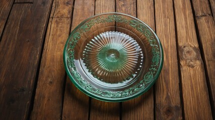 empty vintage glass plate centered on angle wooden background