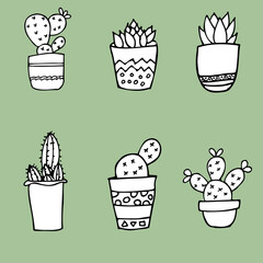 vector set of cactus in pots. This doodle is suitable for coloring books, greeting cards and so on