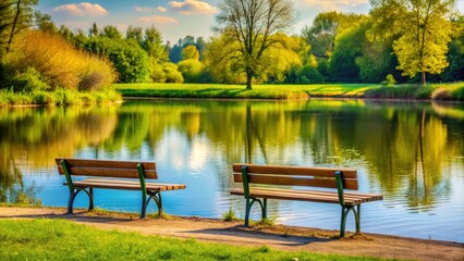 Fototapeta premium Benches on the bank of a small pond , peaceful, tranquil, nature, relaxation, scenic, water, trees, outdoors, calm, serene