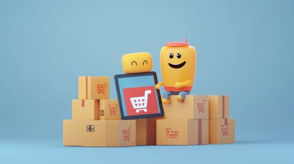 Obraz premium Happy Character Sitting on Delivery Boxes Holding a Tablet with Shopping Cart Icon