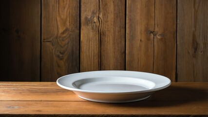 empty melamine plate centered on wood table wide background