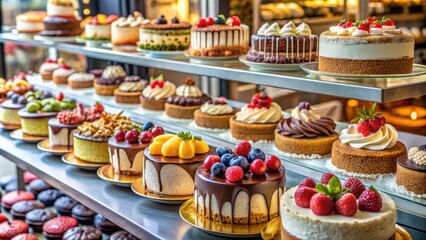 Assorted cakes displayed on a table in a bakery , cakes, desserts, pastries, bakery, sweet treats, variety