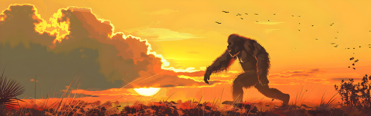 Silhouettes gorilla with clouds and sunset scene on war fog sky in background,