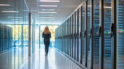 Fototapeta premium Person walking through modern server room data center corridor